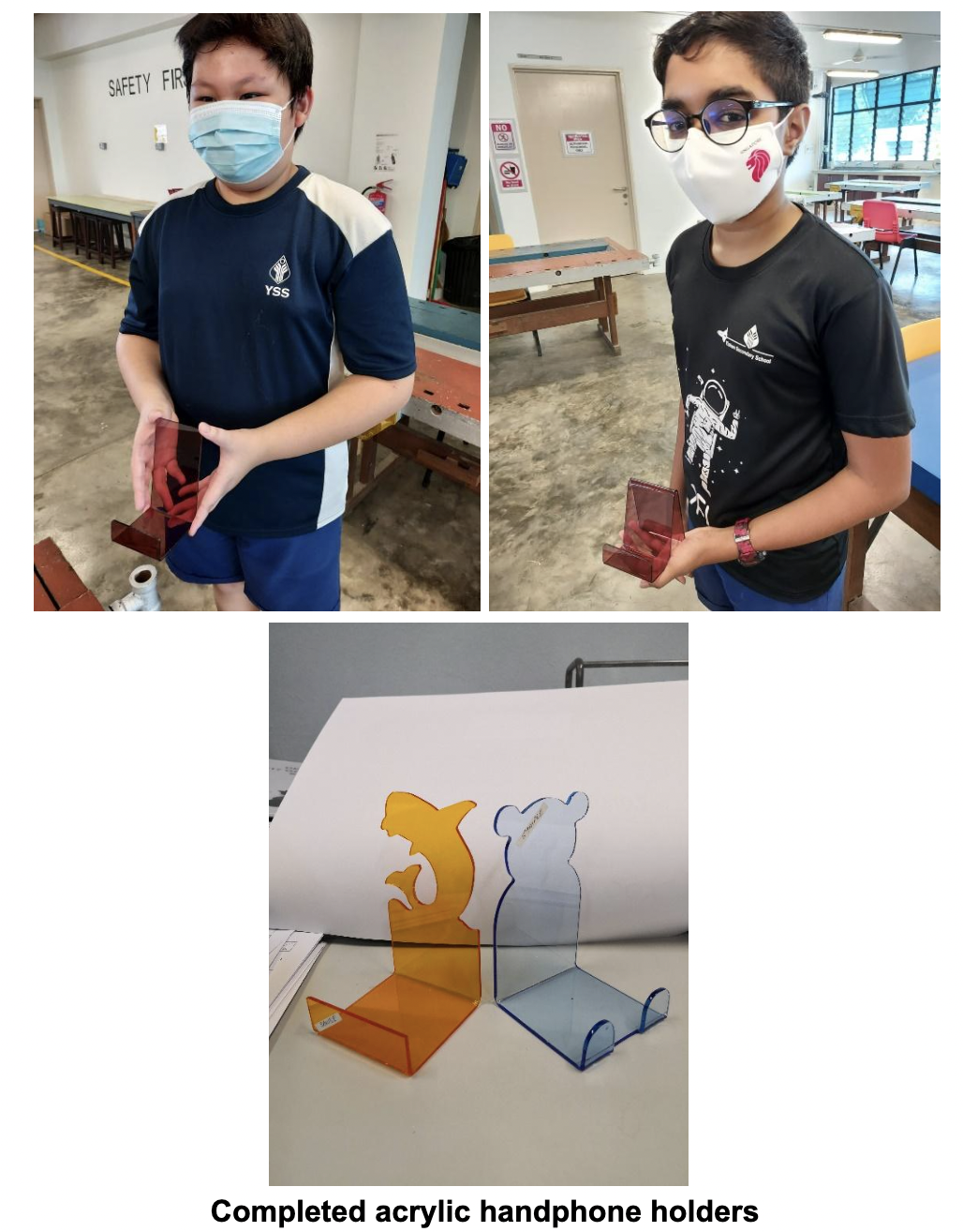 Two masked students hold red acrylic phone holders; below, two finished holders shaped like a dolphin and bear are displayed.
